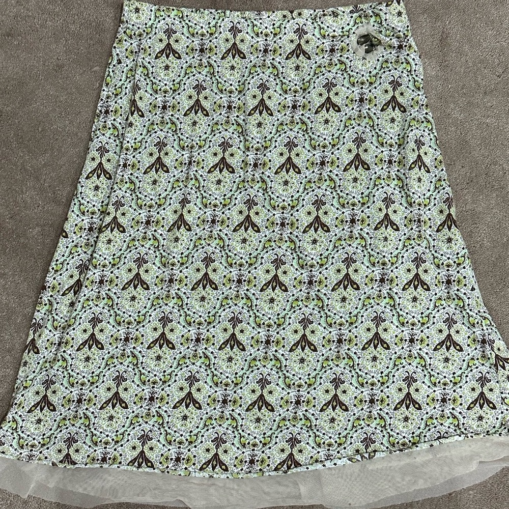 Vintage C. C. Outlaw Jersey Paisley Skirt with Green Gem Detail & Nude Mesh Hem